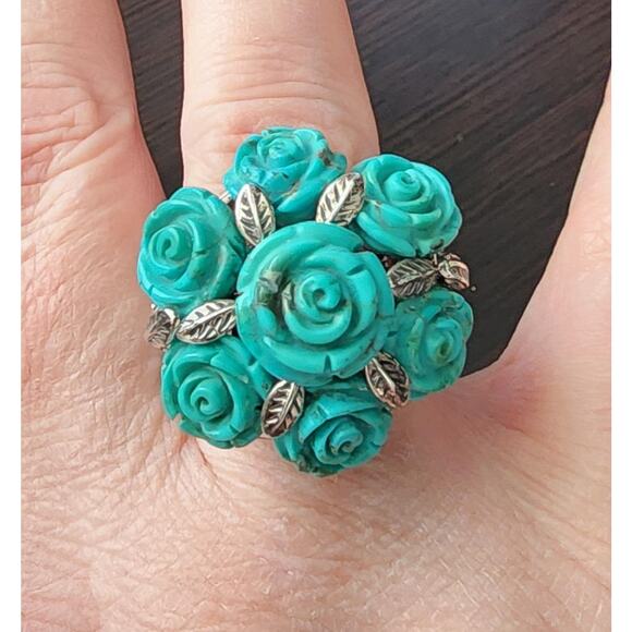 Handcrafted Sterling Silver Turquoise Rose Statement Ring - (US Size 9.5) - Picture 1 of 8